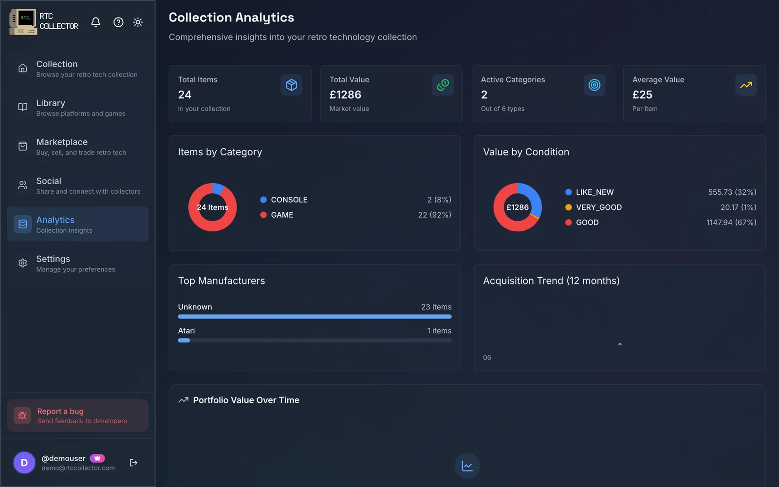 Collection analytics — value over time, biggest movers and category breakdown